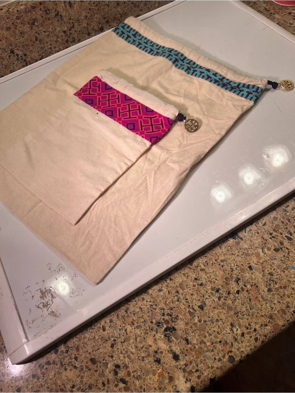 Tory Burch Cream Cloth Bags with Pink and Turquoise Trim and GoldTone Charms
